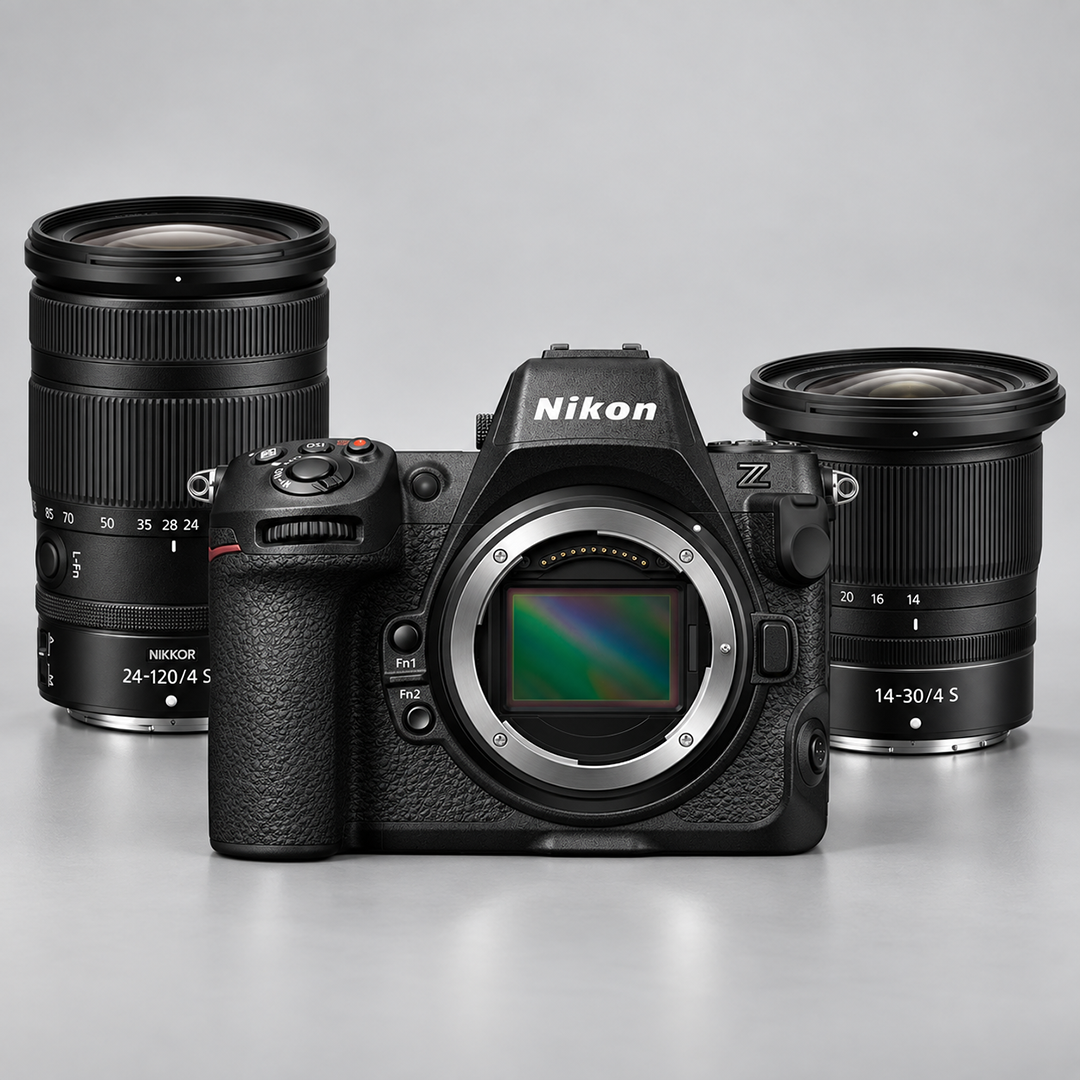 The Nikon Z8 Mirrorless Camera pictured with the NIKKOR Z 24-120mm f/4 S Lens and the NIKKOR Z 14-30mm f/4 S Lens.