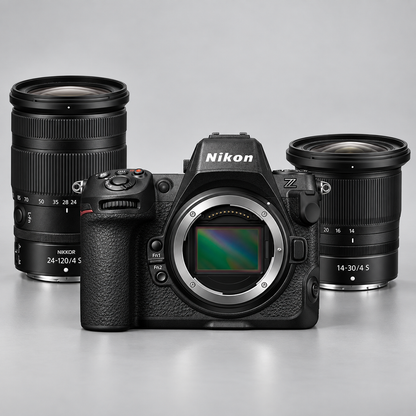 The Nikon Z8 Mirrorless Camera pictured with the NIKKOR Z 24-120mm f/4 S Lens and the NIKKOR Z 14-30mm f/4 S Lens.