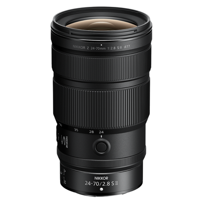 Product image of a Nikkor Z 24-70mm f/2.8 S II lens on a white background.