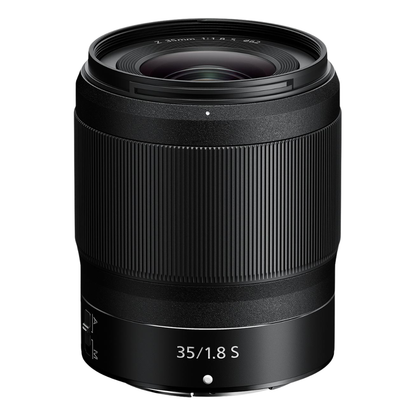 Product image of a Nikkor Z 35mm f/1.8 S lens on a white background.