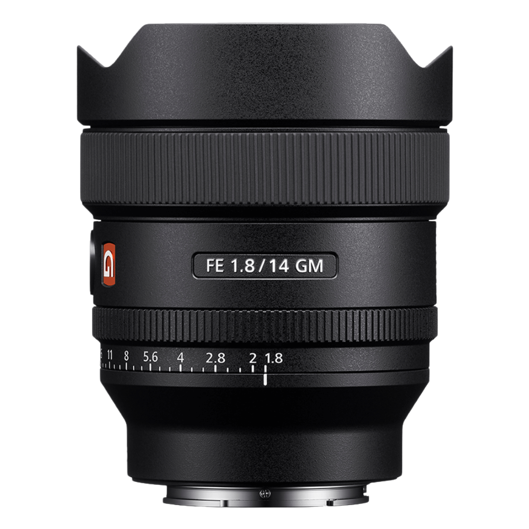 Sony FE 14mm f/1.8 G Master Lens on a white background.
