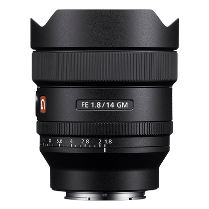 Sony FE 14mm f/1.8 G Master Lens on a white background.