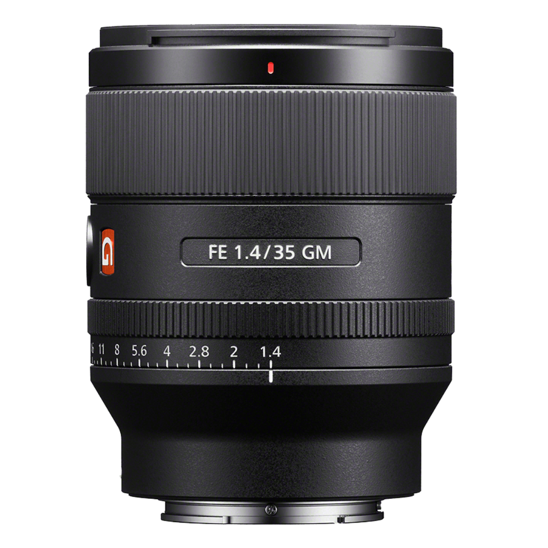 Sony FE 35mm f/1.4 G Master Lens on a white background.