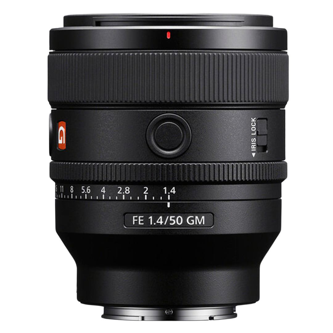 Sony FE 50mm f/1.4 G Master Lens on a white background.
