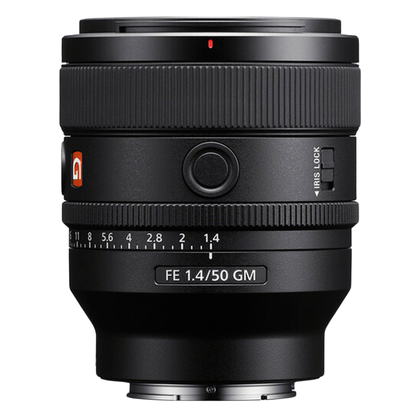 Sony FE 50mm f/1.4 G Master Lens on a white background.