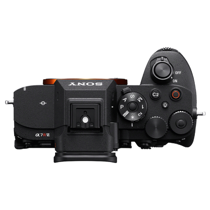 Sony A7R VI top view on a white background.
