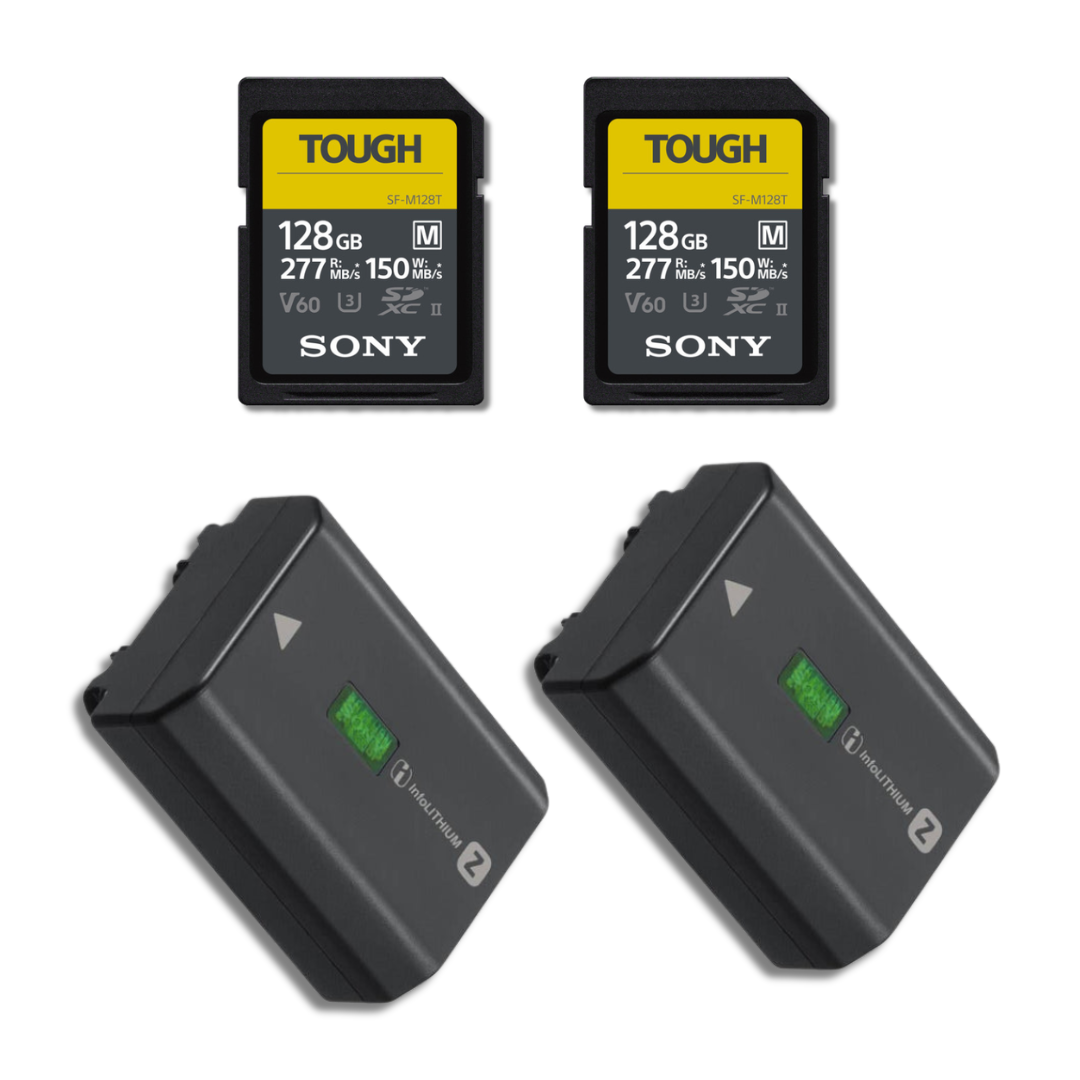 Two Sony NP-FZ100 camera batteries and two Sony Tough 128GB memory cards on a white background.