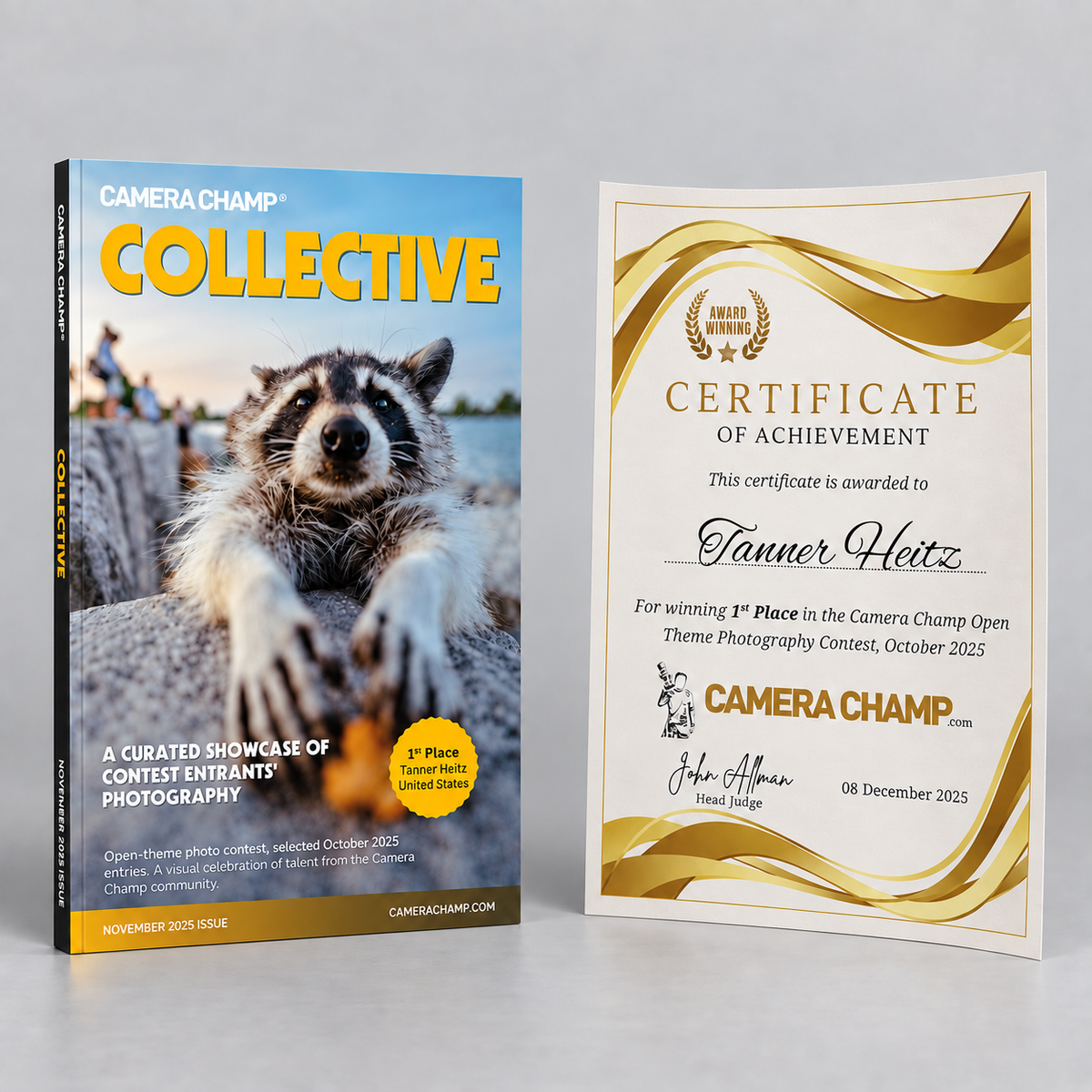 First-place winner’s photo featured on the cover of Camera Champ Collective alongside their winner’s certificate.